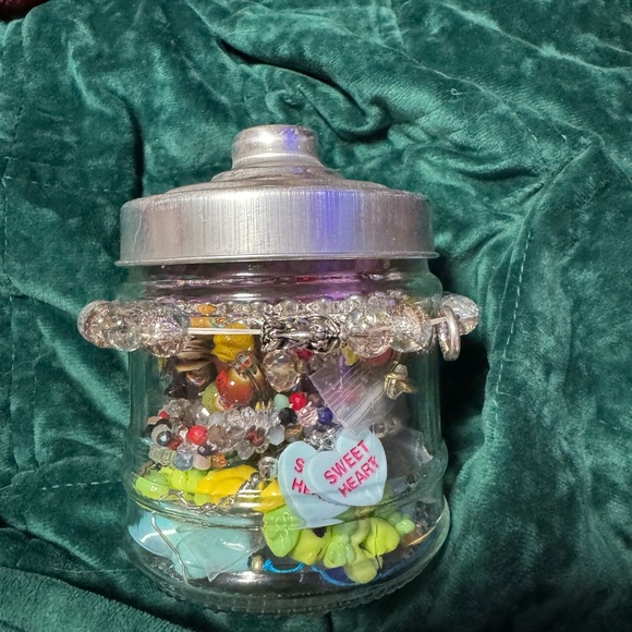 Glass Jar with Assorted Colorful Beads and Trinkets - Picture 1 of 2